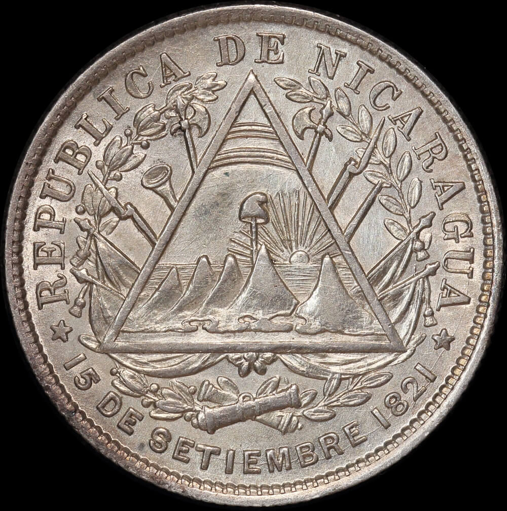 Nicaragua 1887 Silver 20 Centavos KM#7 good EF product image