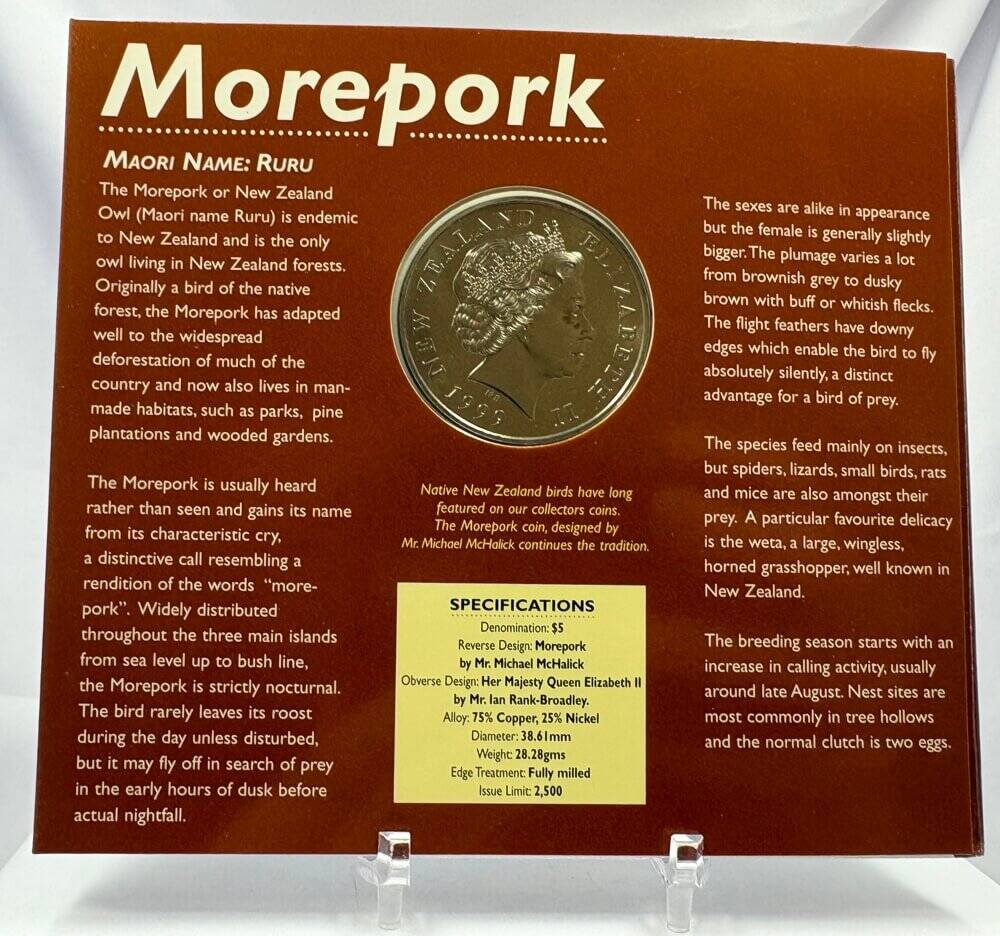 New Zealand 1999 Five Dollar Uncirculated Coin - Morepork product image