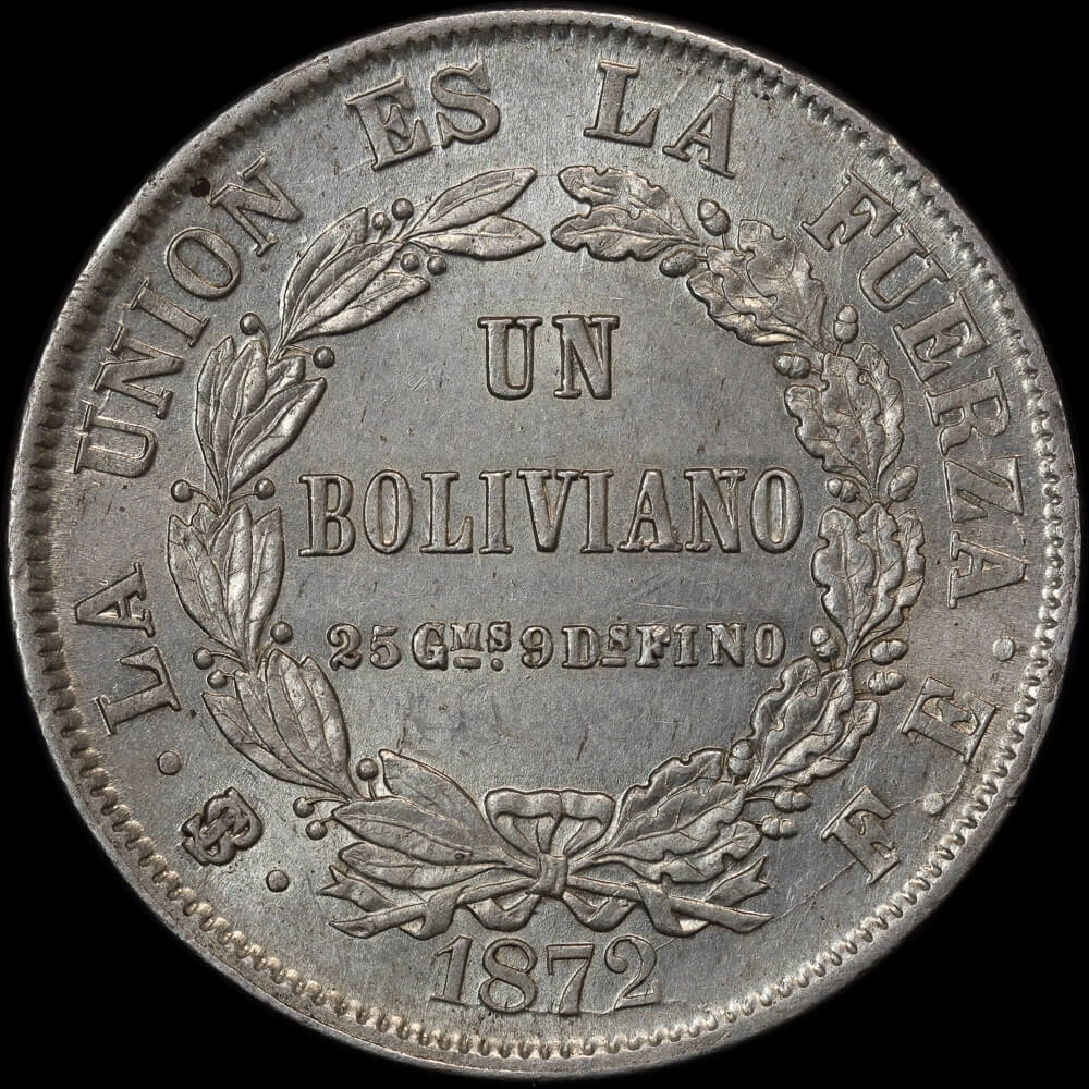 Bolivia 1872 Silver Boliviano KM# 160.1 good EF product image
