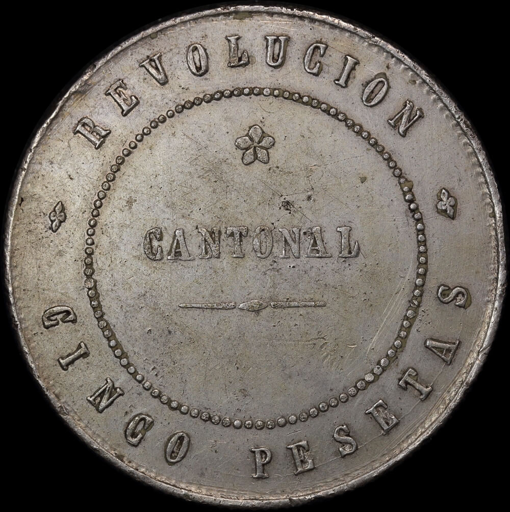 Spain 1873 Silver 5 Pesetas Siege Coin KM#716 good VF product image