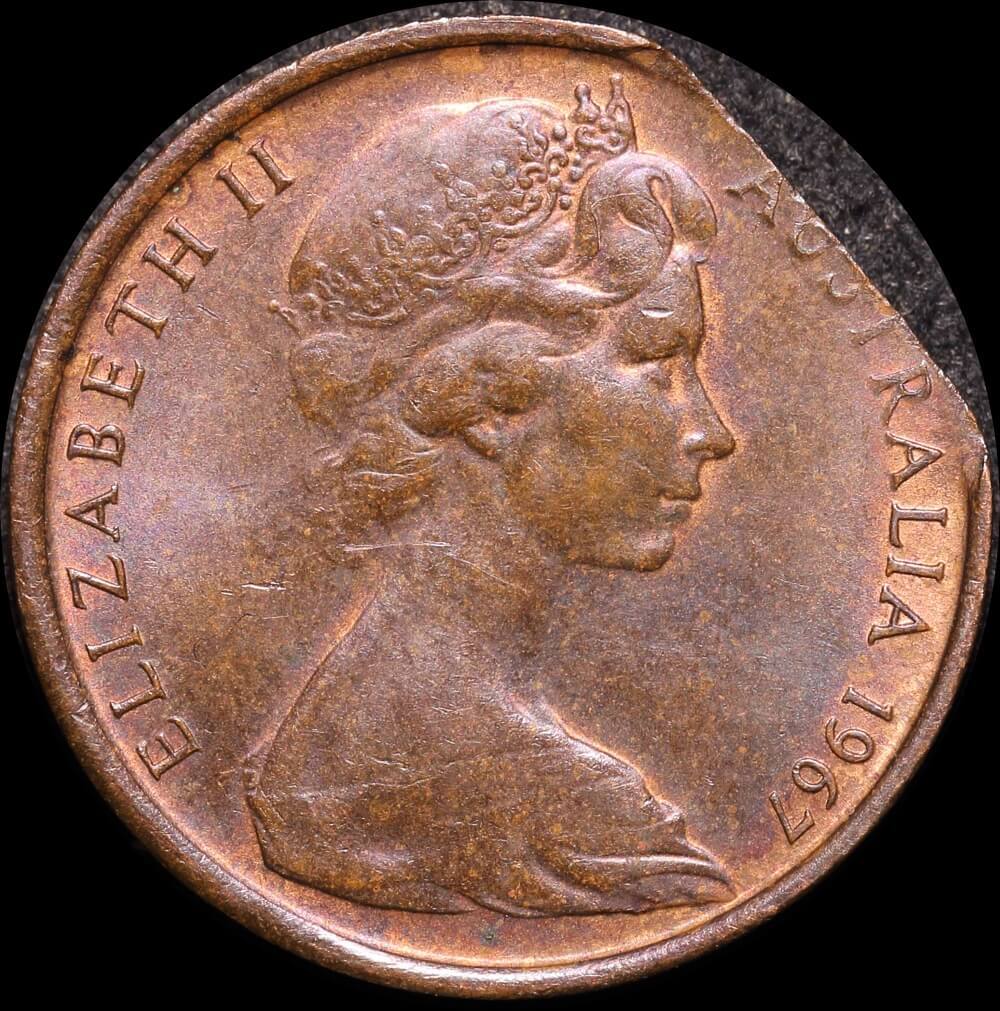 1967 Two Cents End of Bar Clipped Planchet Error about Unc