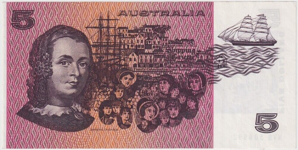 1976 $5 Note Gothic Side Knight/Wheeler R206b EF Cut 4mm Off Centre