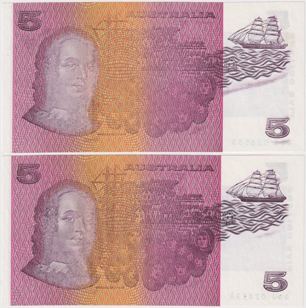 1990 $5 Note Pair Fraser/Higgins Partial Missing Intaglio R212 Uncirculated