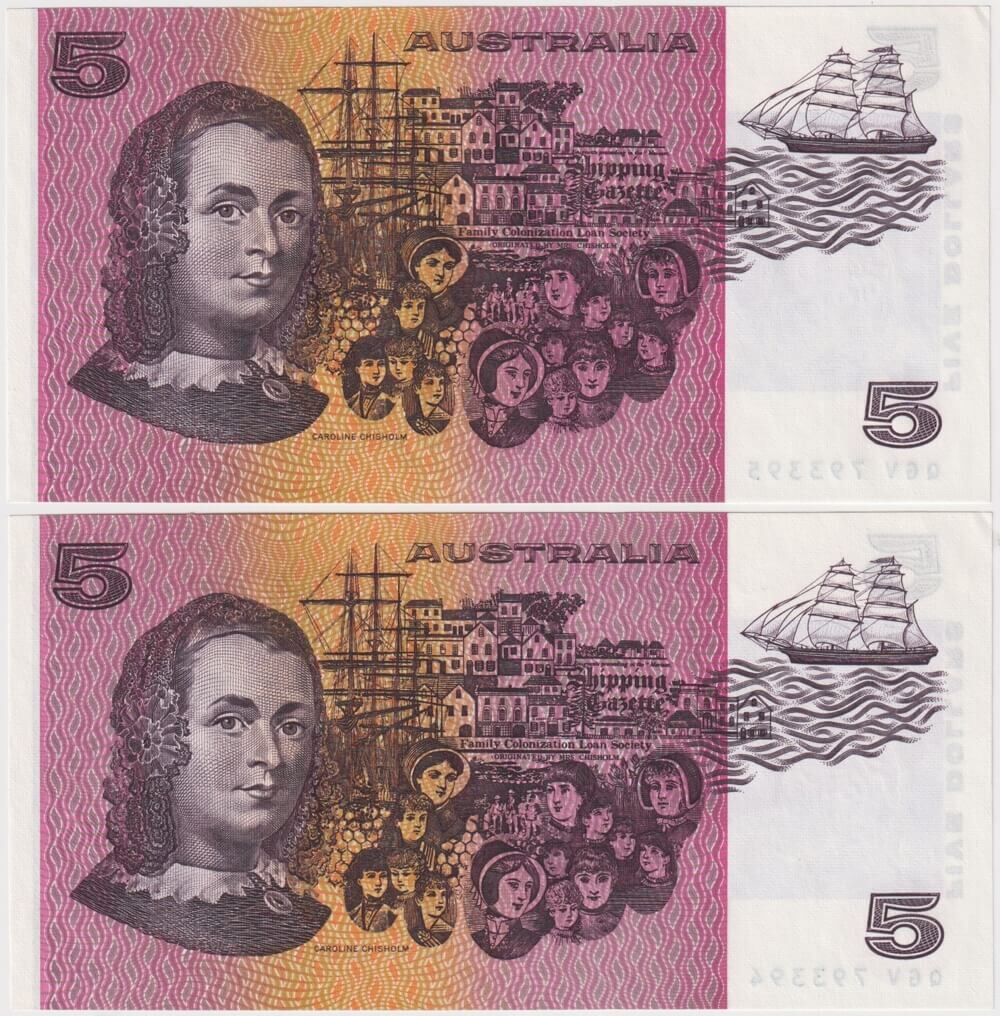 1990 $5 Note Pair Fraser/Higgins Intaglio Obstruction R212 Uncirculated