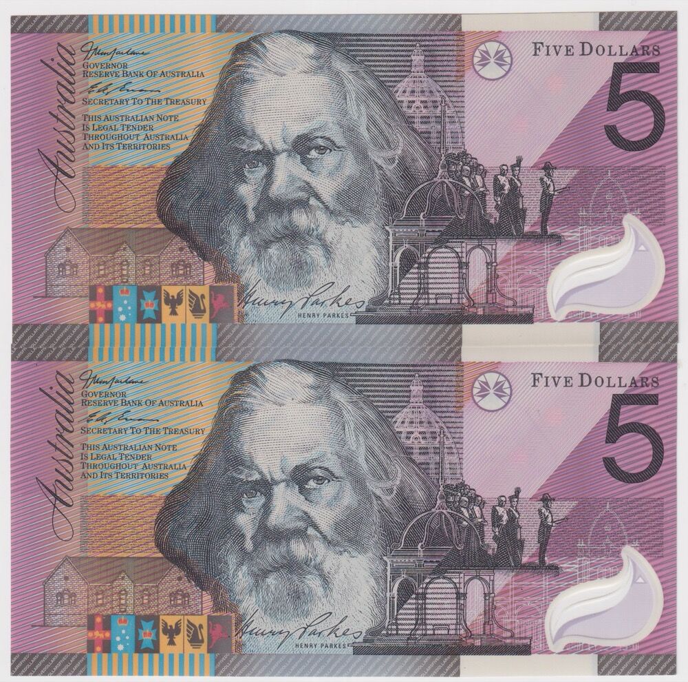 2001 $5 Pair of Notes MacFarlane/Evans Federation R219 Uncirculated Radar Serials 