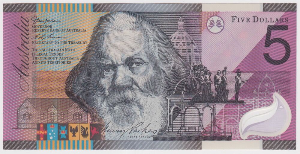 2001 $5 Note MacFarlane/Evans Federation R219 about Unc Faded Serial