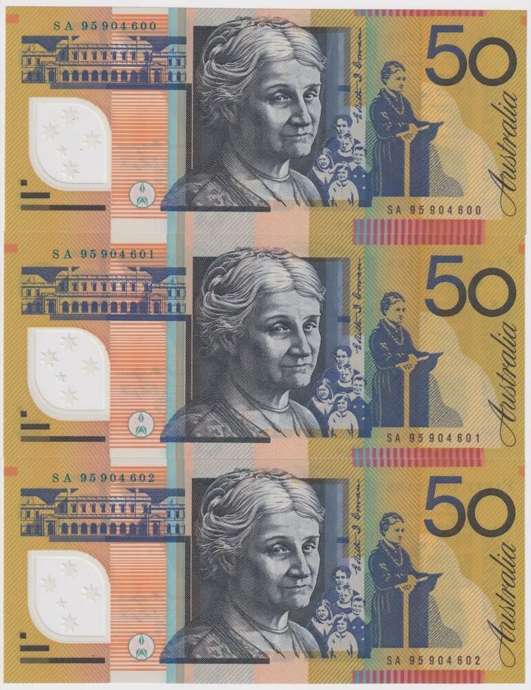 1995 $50 Consecutive Trio of Notes Fraser/Evans R516a Ink Smudge Error Uncirculated