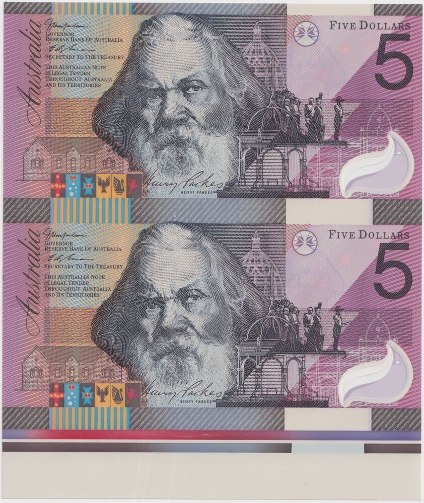 2001 5 Dollar Uncut Vertical Pair Federation MacFarlane Evans