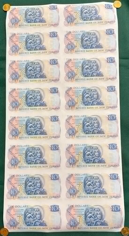 New Zealand 1990 Uncut 1/2 Sheet of 16 10 Dollar Notes Treaty of Waitangi