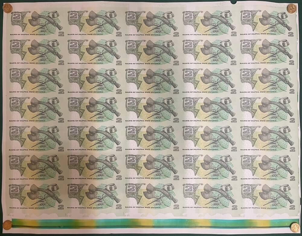 Papua New Guinea 1990 Uncut Sheet of 35 2 Kina Notes Uncirculated product image