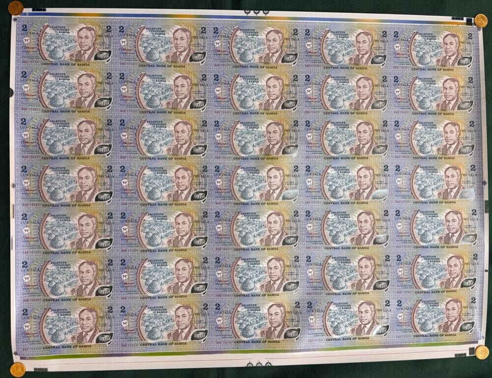 Samoa 1990 2 Tala Uncut Sheet of 35 Notes  Uncirculated