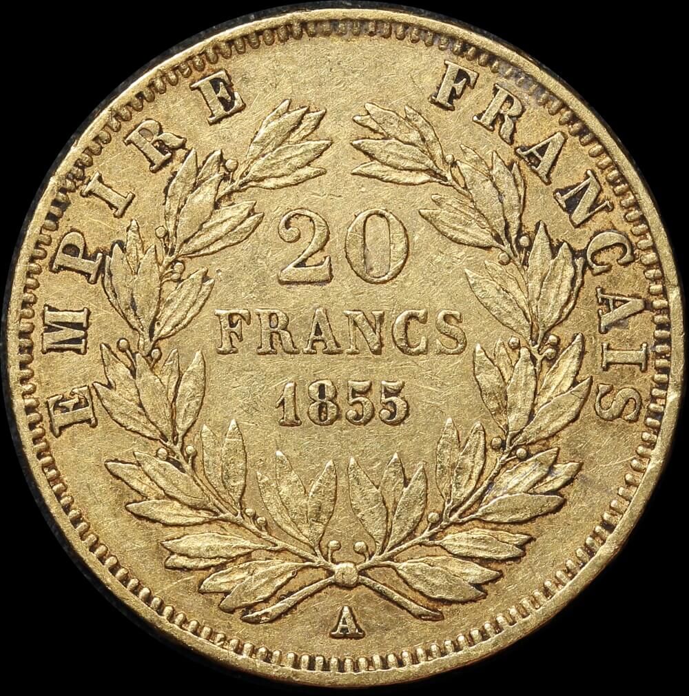 France 1855-A Gold 20 Franc Napoleon KM#781.1 EF product image
