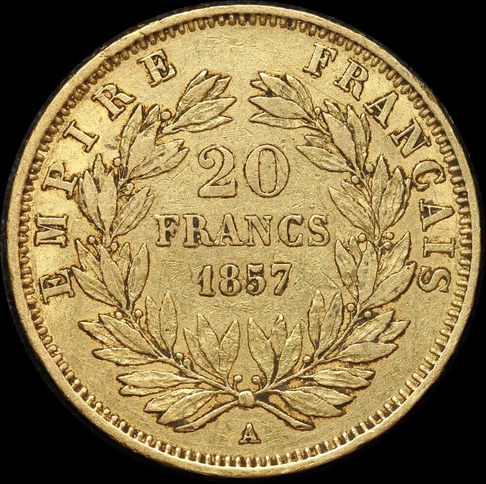 France 1857-A Gold 20 Franc Napoleon KM#781.1 EF product image