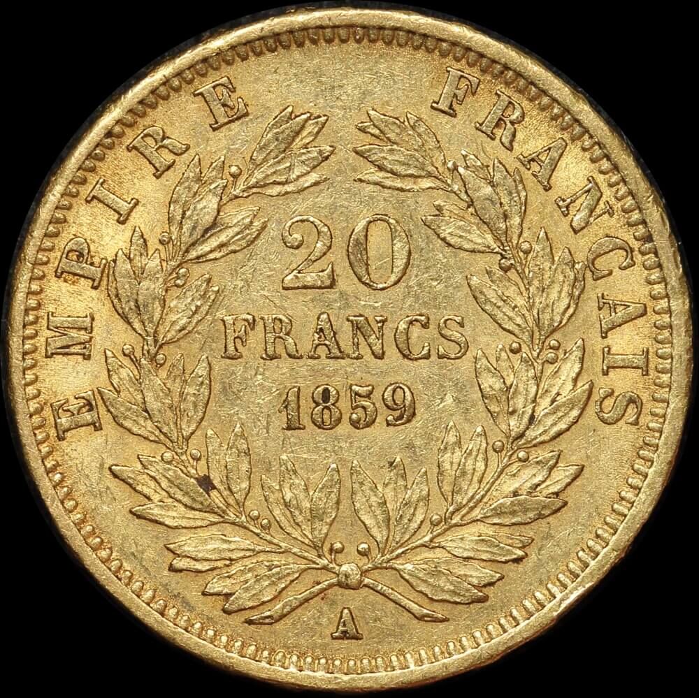 France 1859-A Gold 20 Franc Napoleon KM#781.1 EF product image