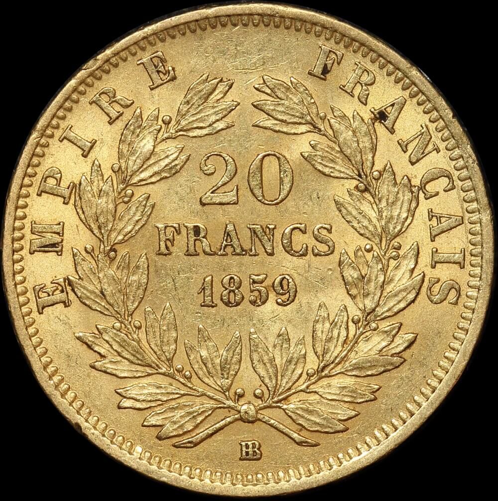 France 1859-BB Gold 20 Franc Napoleon KM#781.2 EF product image