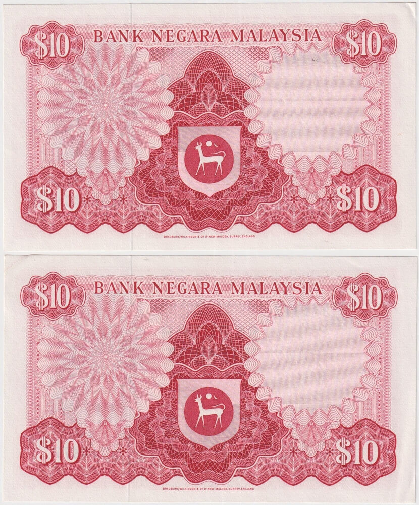 Malaysia 1967 10 Ringgit Consecutive Pair P# 3a GEF