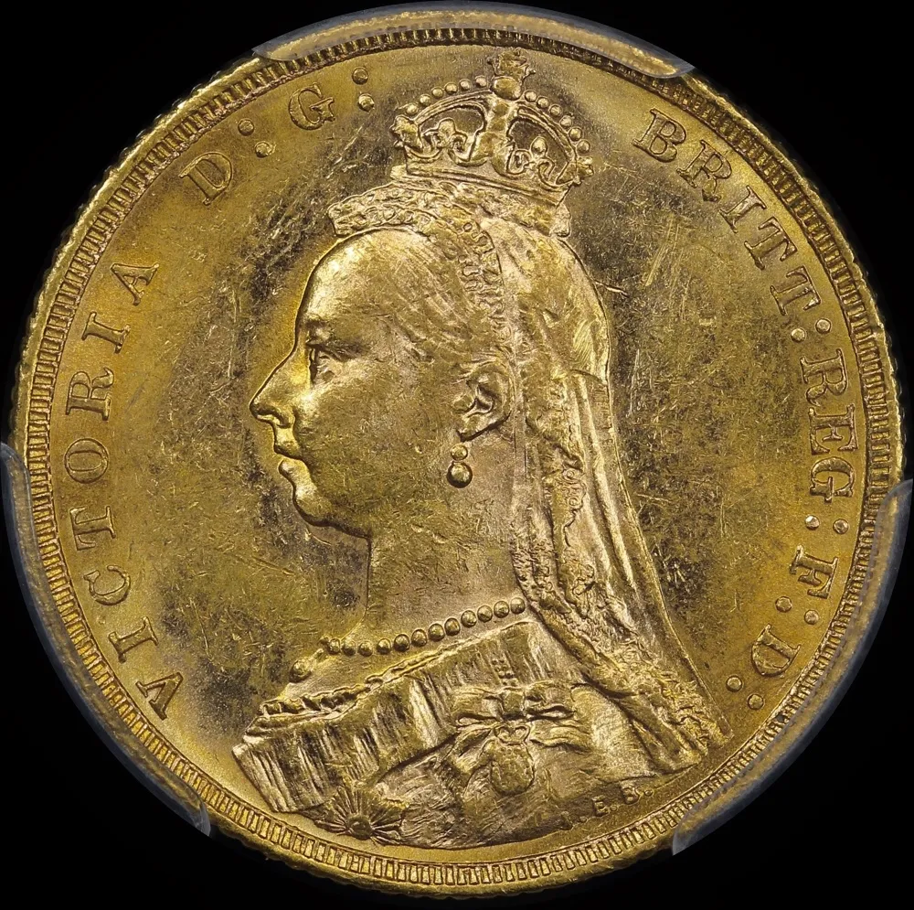 1889 Melbourne Jubilee Head Sovereign 2nd Obverse Angled J S-3867B PCGS MS62