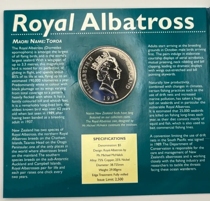 New Zealand 1998 5 Dollar Brilliant Uncirculated Coin Royal Albatross product image