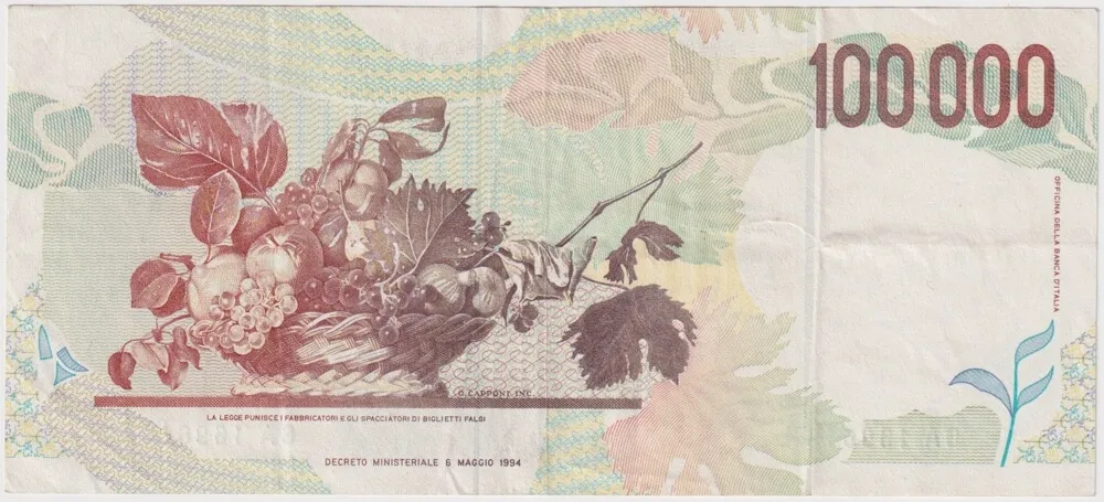 Italy 1994 100,000 Lire (Caravaggio) P# 117 EF product image