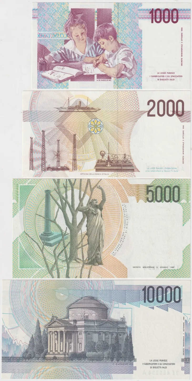 Italy 1984 1990 Set of Four Banknotes 1,000 10,000 Lire Uncirculated product image