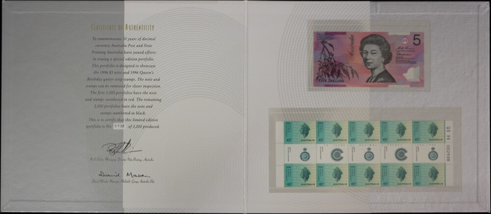 1996 Five Dollar Note & Stamp Set Deluxe