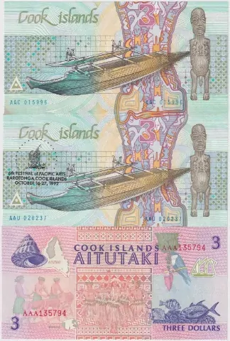 Cook Islands 1987 - 1992 Set of 3 $3 Notes Uncirculated product image