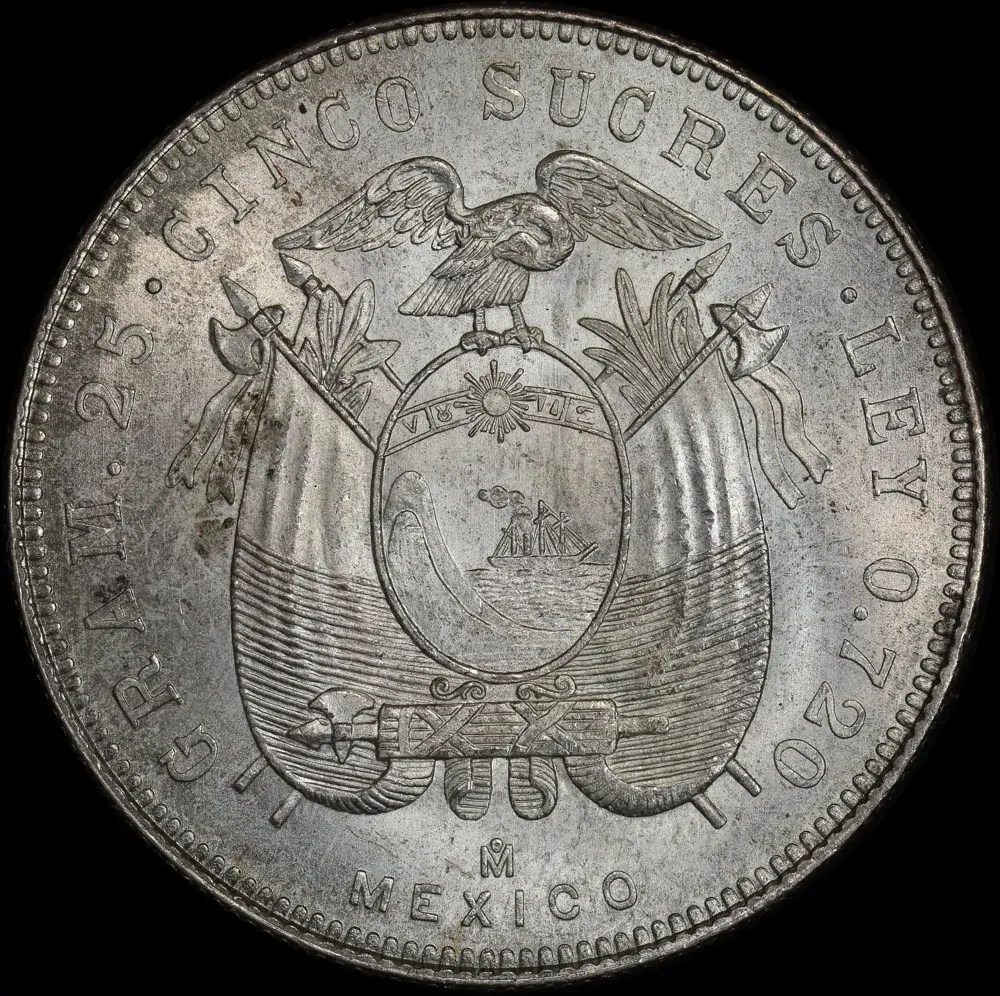 Ecuador 1944 Silver 5 Sucres KM#79 Uncirculated product image