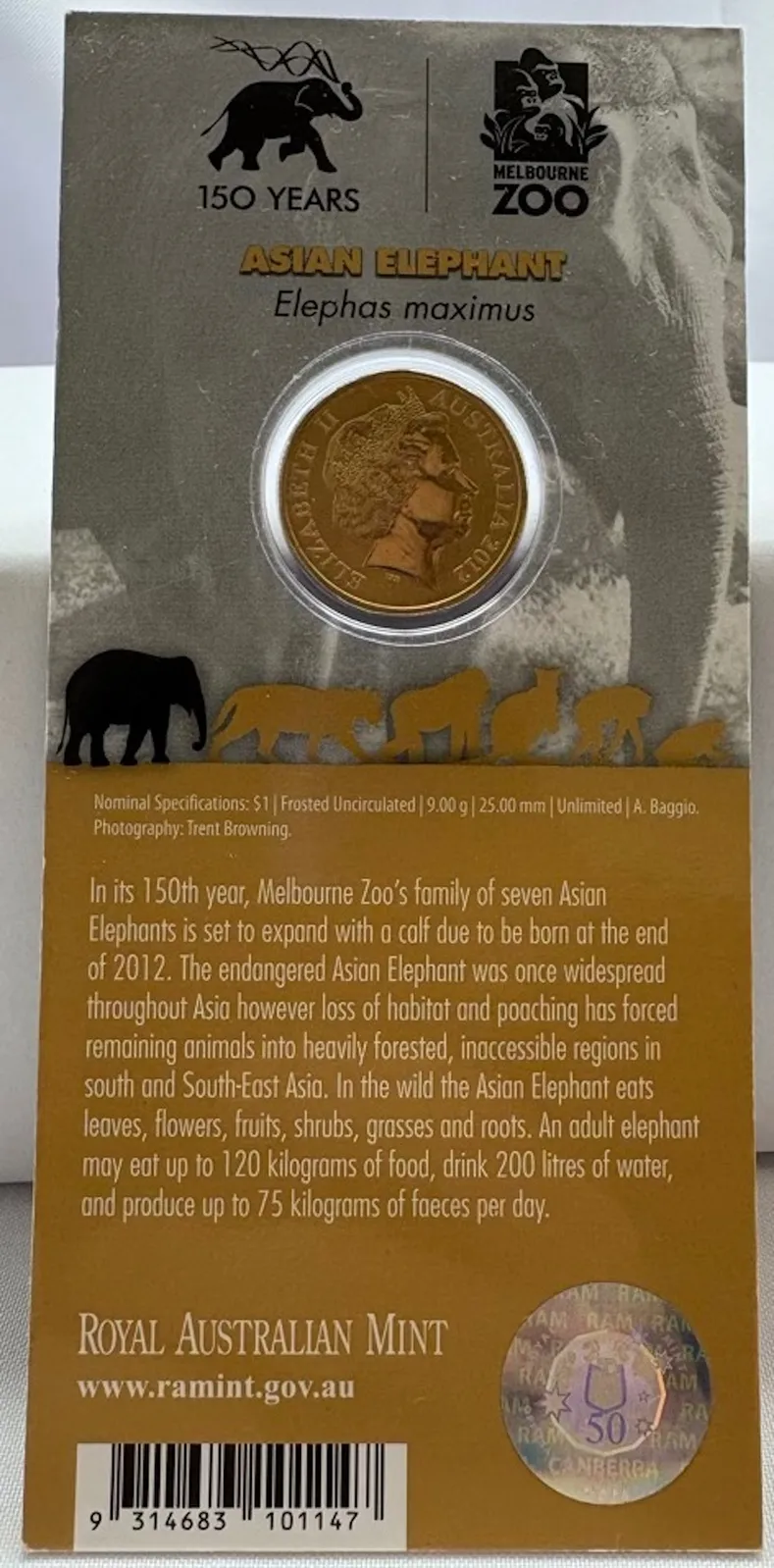 2012 1 Dollar Uncirculated Coin Animals of the Zoo Asian Elephant