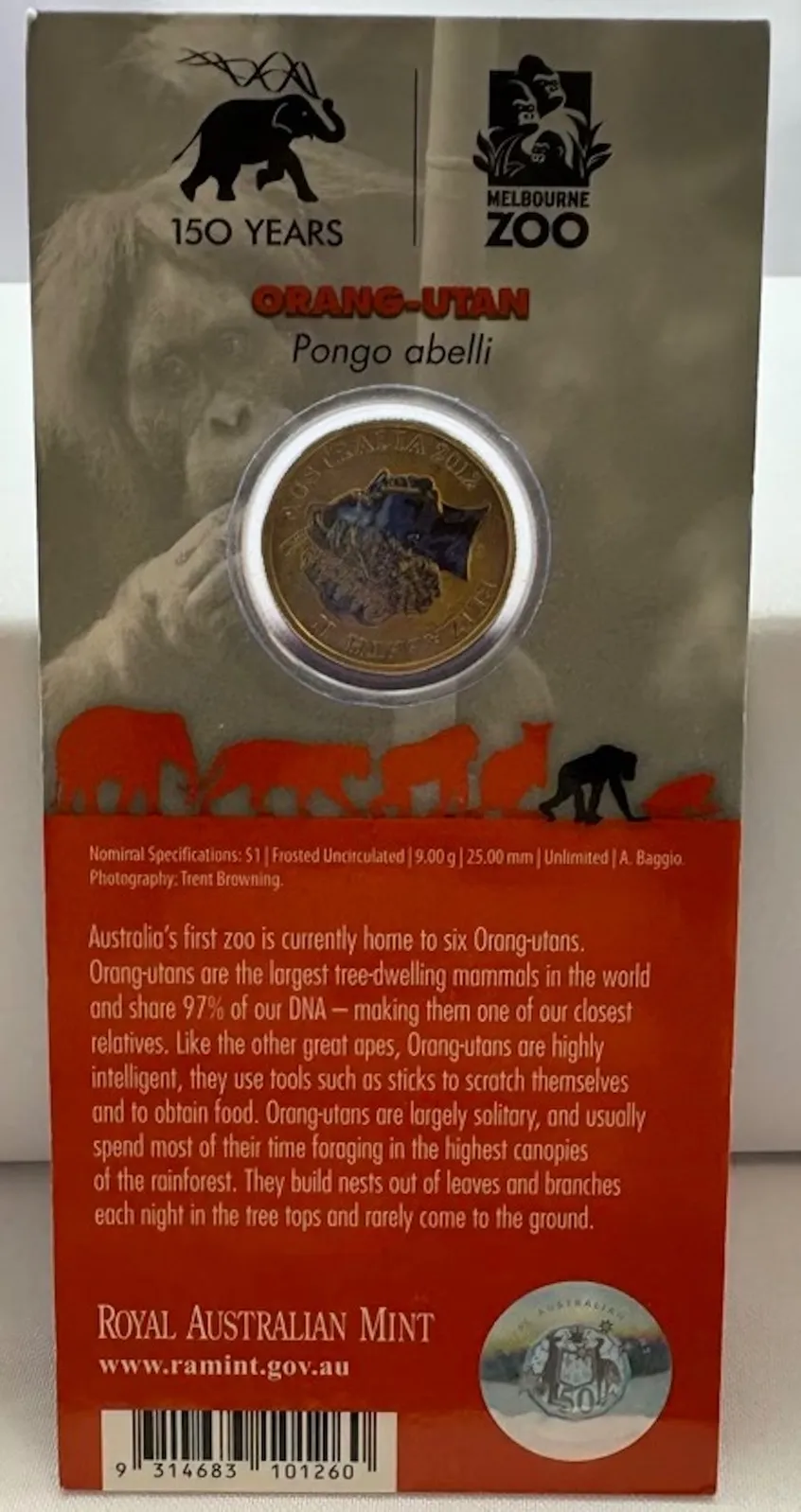 2012 Coloured 1 Dollar Uncirculated Coin Animals of the Zoo Orangutan product image
