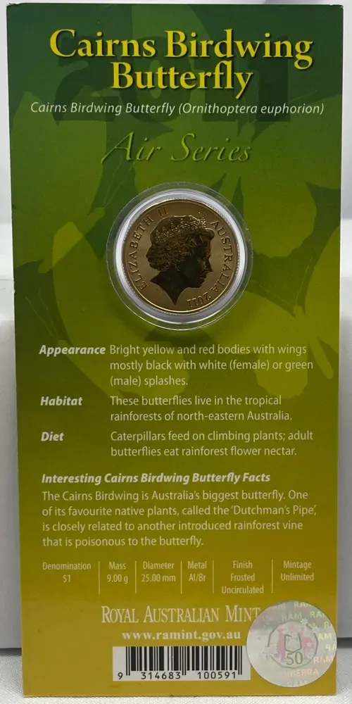 2011 1 Dollar Uncirculated Coin Air Series Birdwing Butterfly product image
