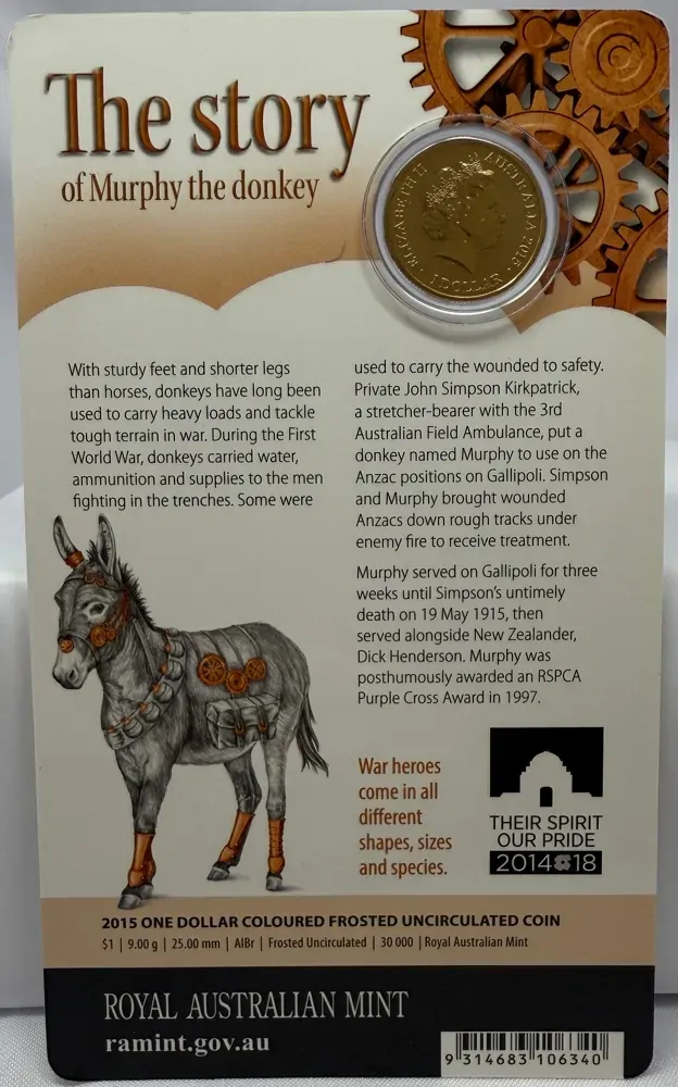2015 Coloured $1 Coin Unlikely Heroes - Murphy the Donkey