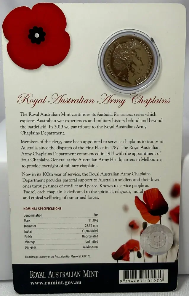 2013 20 Cent Uncirculated Coin Australia Remembers Army Chaplains
