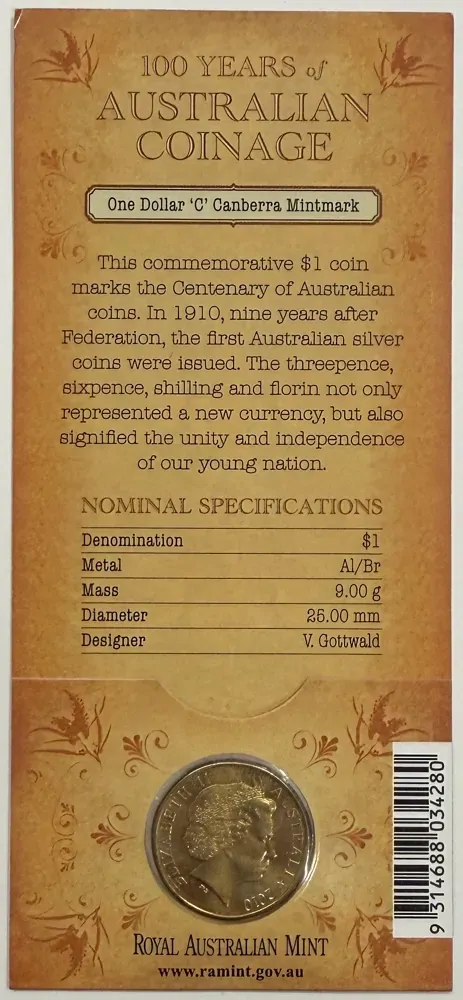 2010 $1 Uncirculated Coin 100 Years of Coinage - C Mintmark product image