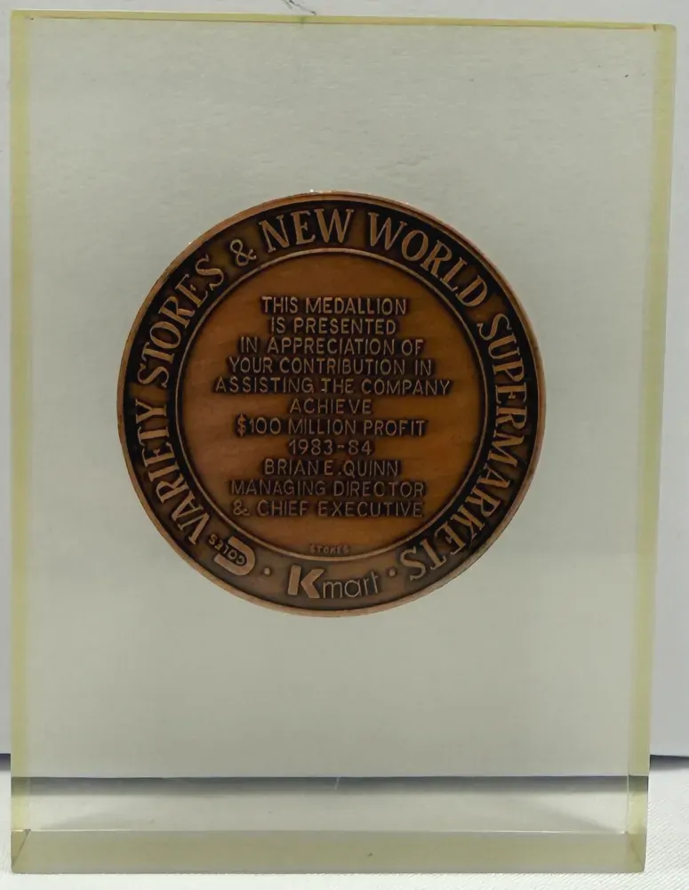 1984 G.J. Coles Copper Medallion Sealed in Perspex