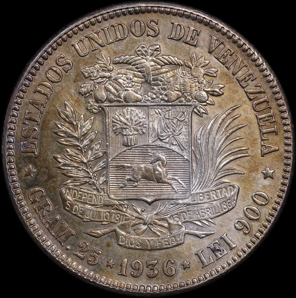 Venezuela 1936 Silver 5 Blivares Y#24.2 about Unc product image