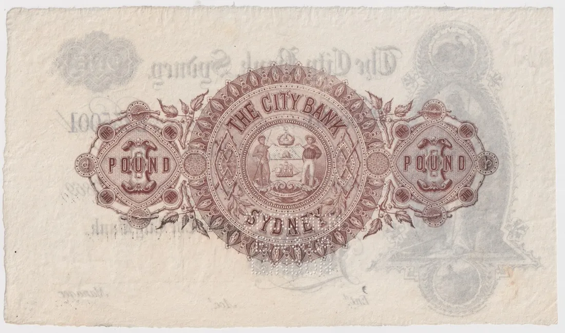 City Bank of Sydney 1869 1 Pound Unissued Specimen Note MVR# 2c Uncirculated