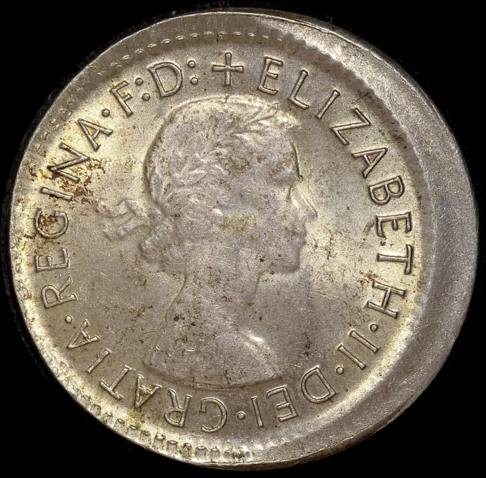 1956 Sixpence 3mm Offstrike Error about Unc