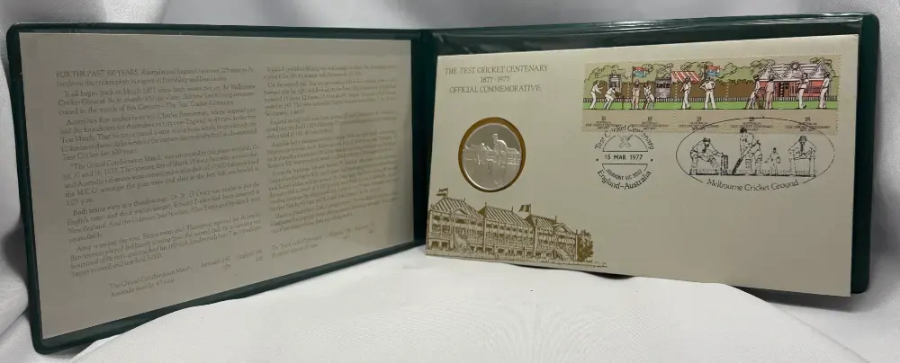 1977 Silver Test Cricket Commemorative Medal & Stamp Set