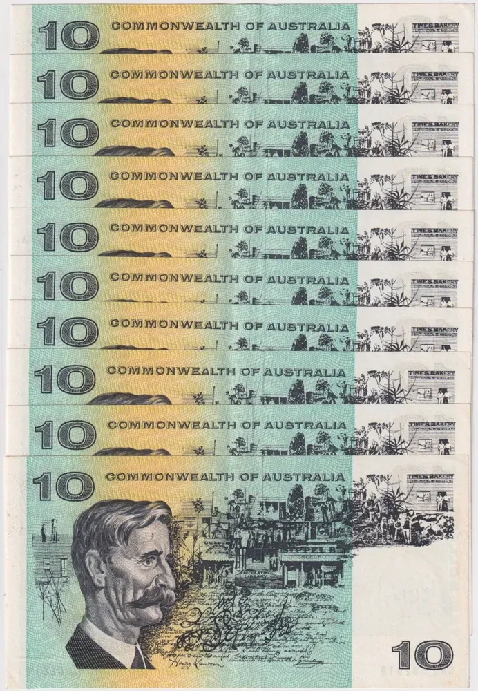 1966 $10 Note Consecutive Run of 10 Coombs/Wilson R301 about Uncirculated