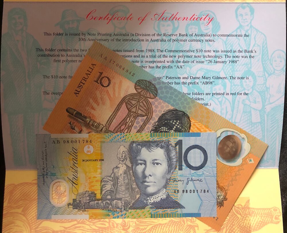 1998 Ten Dollar Folder 10th Anniversary of Polymer Notes - Deluxe