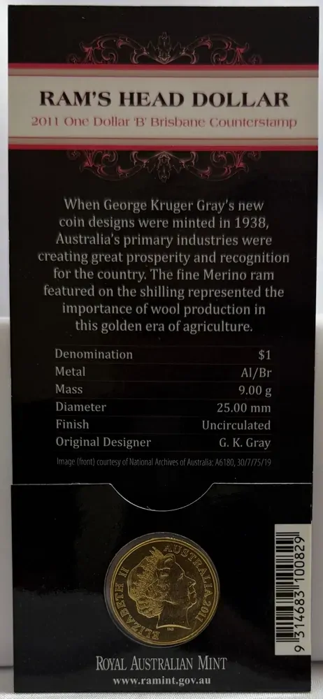 2011 $1 Uncirculated Ram's Head Dollar Brisbane Counterstamp