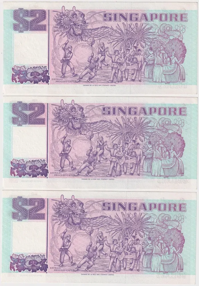 Singapore 1991 2 Dollars Consecutive Trio P#28 Uncirculated