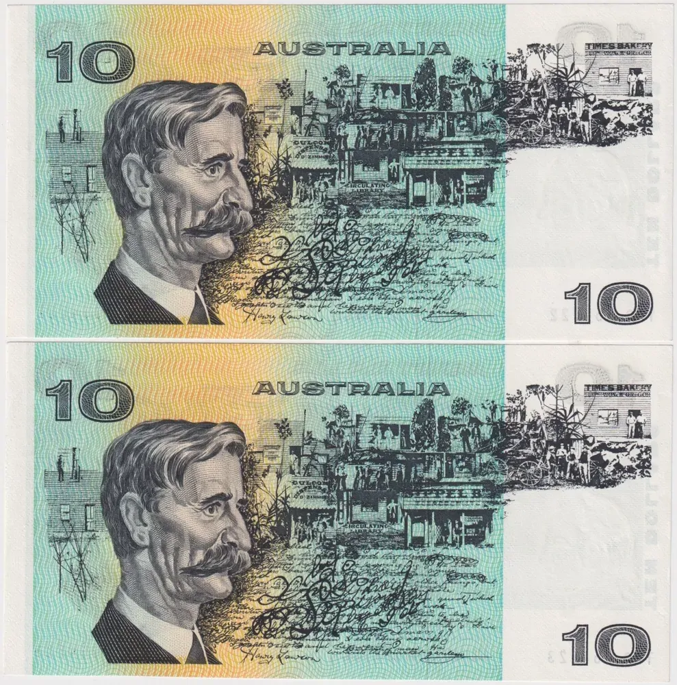 1976 $10 Note Consecutive Pair Gothic Serials Side Thread Knight/Wheeler R306B good EF