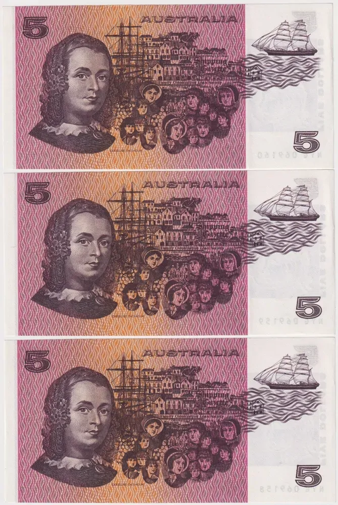 1976 $5 Note Consecutive Trio OCR-B Serials Side Thread Knight/Wheeler R206cL good EF