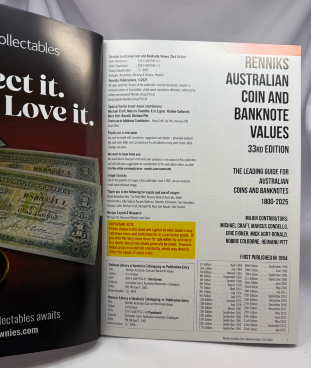 Renniks Australian Coin & Banknote Values 33rd Edition Book Soft Cover