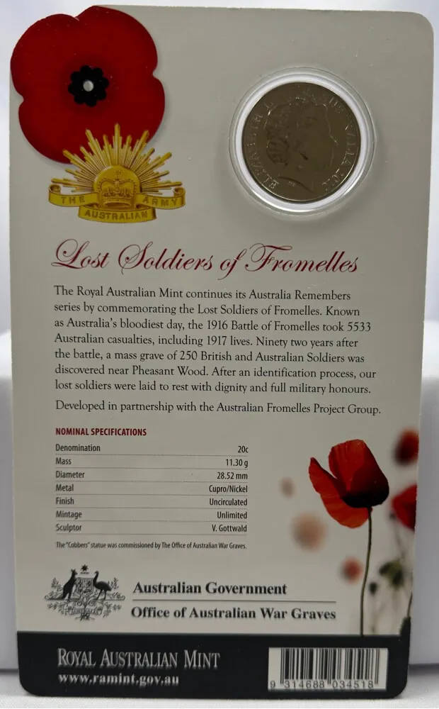 2010 20 Cent Uncirculated Coin Australia Remembers Lost Soldiers of Fromelles