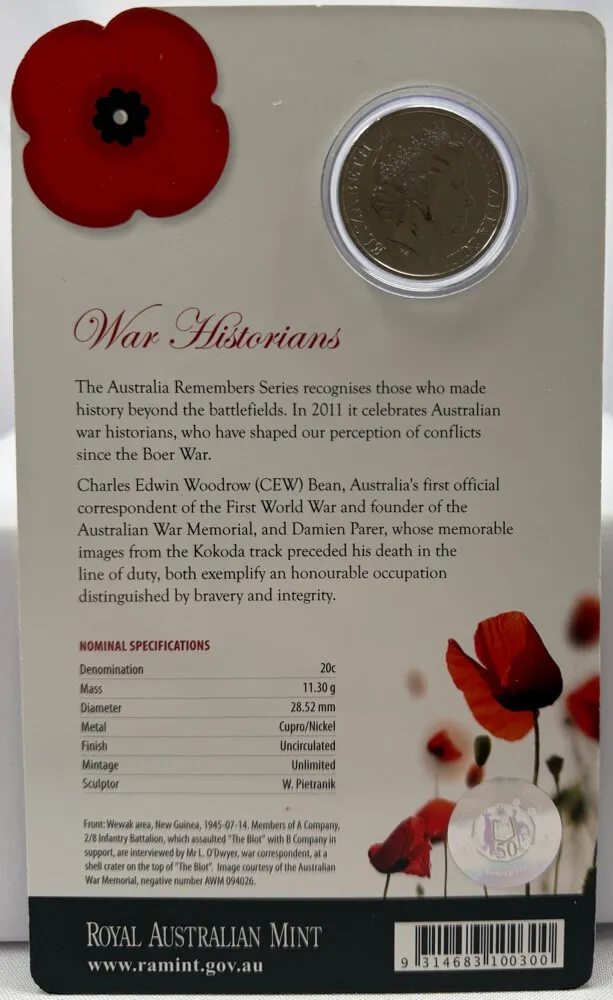 2011 20 Cent Uncirculated Coin Australia Remembers War Historians