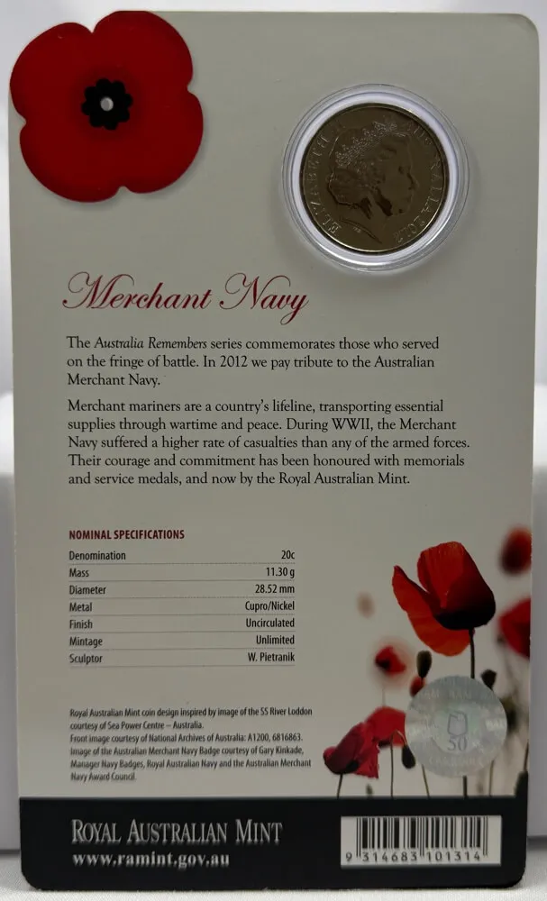2012 20 Cent Uncirculated Coin Australia Remembers Merchant Navy