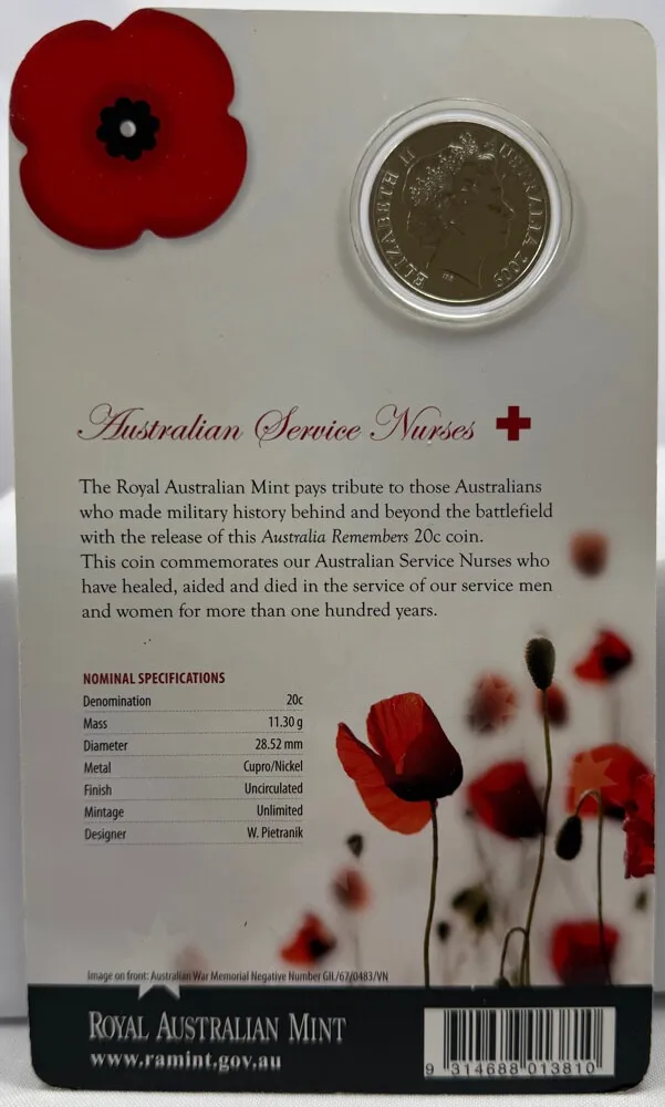 2009 20 Cent Uncirculated Coin Australia Remembers Australian Service Nurses