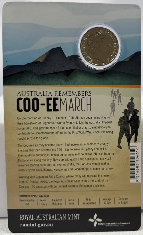 2015 20 Cent Uncirculated Coin Australia Remembers Coo-ee March